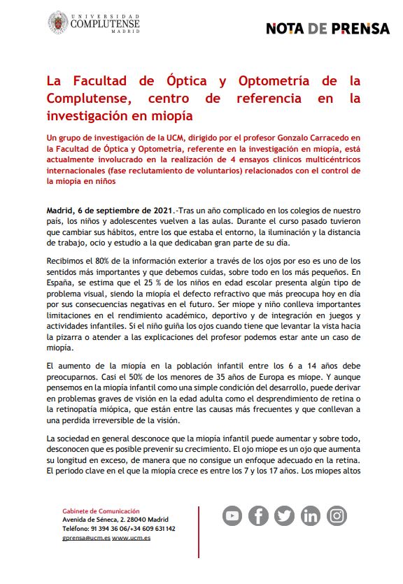 La Facultad de Óptica y Optometría de la Complutense, centro de referencia en la investigación en miopía